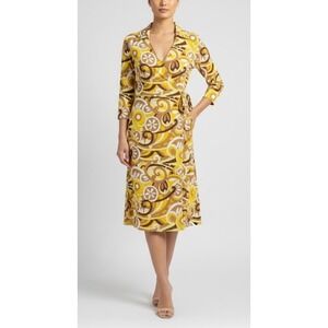 Camicetta Snob Wrap Dress Yellow Brown Swirl Print 3/4 Sleeve Tie Waist